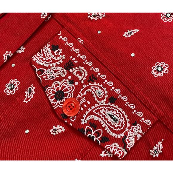 Vintage Quacker Factory Red Bandana Paisley Print Beaded Cotton Trucker Jacket - Picture 4 of 5